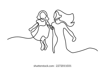 Mom and daughter playing together oneline continuous single editable line art