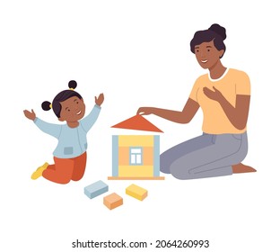 Mom and daughter playing toy blocks together. Family spending time together and gaming cartoon vector illustration