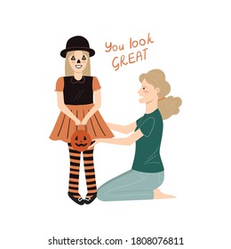 Mom and daughter prepare for children's Halloween costume party. Vector flat cartoon illustration
