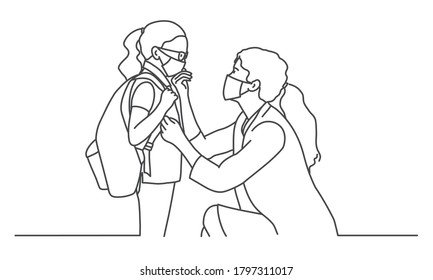 Mom and daughter in protective masks. Girl with with a backpack. Line drawing vector illustration.