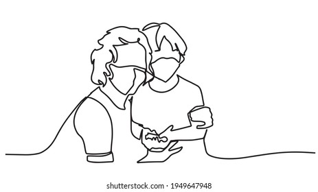 Mom and daughter in protective masks. One line drawing vector illustration.  Mother and child wear facemask during coronavirus and flu outbreak. Virus and illness protection, hand sanitizer in public 