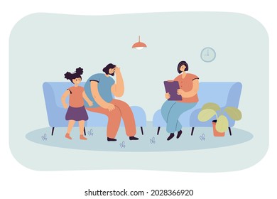 Mom and daughter at psychologist appointment. Flat vector illustration. Woman and girl solving psychological problems with specialist. Psychotherapy, psychology, help, family, relationship concept