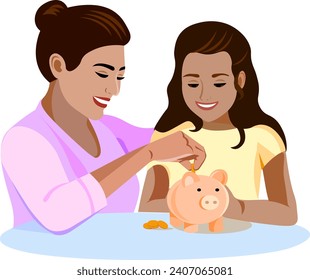 Mom and daughter put coins in a piggy bank Piggy bank Mom puts a coin in a piggy bank Daughter holds a piggy bank Both are smiling Vector