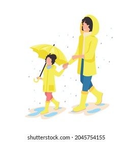 Mom and daughter in raincoats with a yellow umbrella are walking in the rain. Bright autumn. Vector illustration in a flat style.