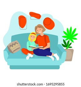 mom and daughter read a book on the couch