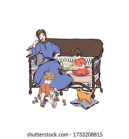 Mom and daughter read books. Boy plays and studying cubes with letters of the alphabet. Woman and girl in dress in retro style sitting on vintage wooden bench. Nanny with kids of kindergarten age.