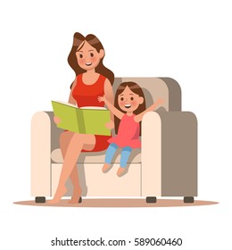 Mom and daughter reading a book. character design.