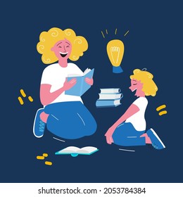 Mom and daughter are reading a book and laughing. Vector graphics in the flat style.