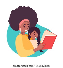 Mom and daughter reading book together vector illustration. Family time together. Babysitter, nanny, caretaker babysitting with child concept design.