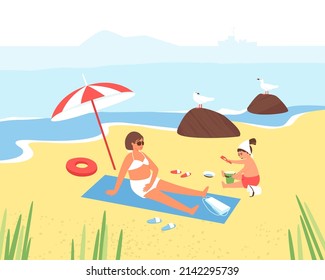 Mom and daughter are relaxing on the beach. A child plays with sea sand. A woman in glasses under a beach umbrella is relaxing on the beach. Sea gulls sit on the cobblestones. flat vector illustration