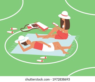 Mom and daughter are resting in the park during the quarantine period. Reading an e-book. Circles on the grass help people maintain social distance. Flat vector illustration. 