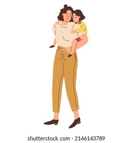 Mamá e hija. Mamá le da rollos al bebé en la espalda. El padre juega con el niño. Feliz familia. La crianza y el cuidado de los niños. Estilo plano en ilustración vectorial. Personas aisladas. 