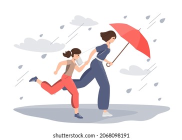 Mom and daughter are running fast under an umbrella against the backdrop of heavy rain and wind. Weather forecast, elements, natural phenomena, autumn, storm, hurricane, floods, evacuation. Vector.