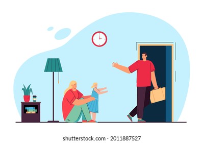Mom and daughter saying goodbye to husband and father. Flat vector illustration. Woman and little girl sad because of man leaving house with suitcase. Divorce, work, love, family, separation concept