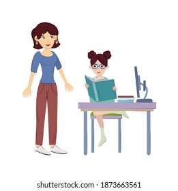 Mom and daughter, school kids, are preparing homework for their studies at home. Joint reading of books, conducting experiments, learning. Back to School, education cartoon vector.