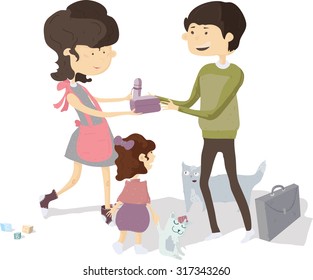 Mom and daughter see off father and giving him box and thermos to have lunch. Vector illustration, isolated on white.