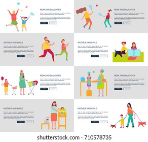 Mom and daughter set of pages for internet site, representing caring mother and her child, their time spent together vector illustration