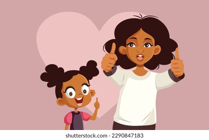 
Mom and Daughter Showing Ok Thumbs up Gesture Vector Cartoon. Happy family feeling excitement and optimism 
