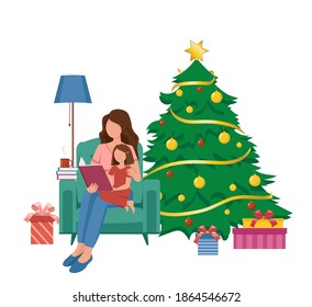 Mom and daughter are sitting in a chair. Mom reads to the child. Family time concept. Christmas tree with garlands near them. Gifts under the tree