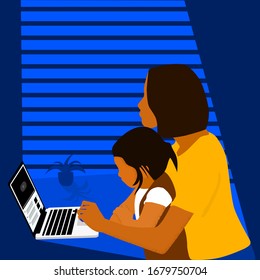 mom and daughter are sitting at the computer and watching a movie, or mom freelancer is working