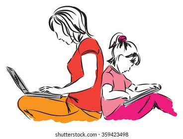 mom and daughter sitting down with computers illustration