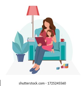 Mom and daughter are sitting on an armchair. Mom reading for kid. Family time.