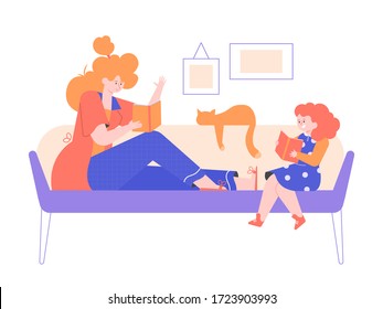 Mom and daughter are sitting on the couch and reading books. Pleasant family evening. Motherhood and childhood. Vector flat illustration.