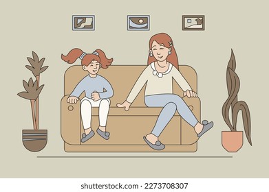 Mom and daughter are sitting on the sofa at home. Little girl and woman vector characters. Color cartoon illustration.