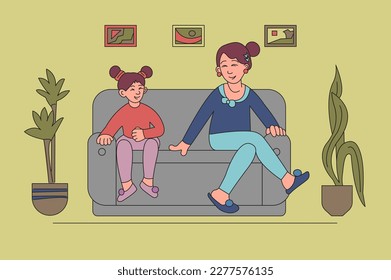 Mom and daughter are sitting on the sofa at home. Little girl and woman vector characters. Color cartoon illustration.