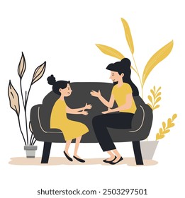 Mom and Daughter Sitting on Sofa, Talking Together - Flat Vector Illustration