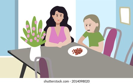 Mom and daughter are sitting at table in kitchen. Vector illustration. Home pastime. On the table is bouquet and plate with berries. Maternal care in the kafe. For postcard, poster. Family leisure.