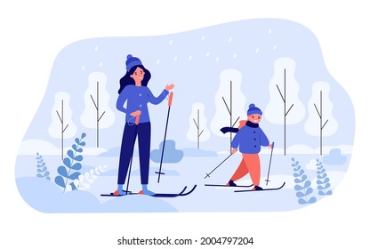 Mom and daughter skiing together. Flat vector illustration. Woman, little girl in winter clothes skiing under snow, enjoying company of each other. Family, winter holidays, sport, childhood concept