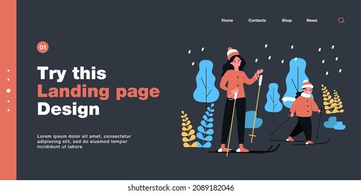 Mom and daughter skiing together. Flat vector illustration. Woman, little girl in winter clothes skiing under snow, enjoying company of each other. Family, winter holidays, sport, childhood concept