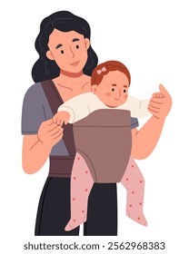 Mom with daughter in a sling.Mum holding newborn child, infant in comfortable carrier, walking.