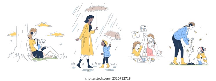 Mom and daughter spend time together. Parent and child reading book, walk in rain, plant and draw. Mother and kid in doodle style do daily activity. Linear flat vector set isolated on white background