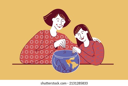 Mom and daughter spending time with her domestic fish. Girls feeding aquarium fish. Friendship and care for animal vector illustration