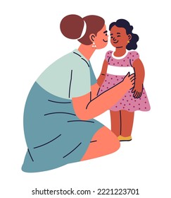 Mom and daughter spending time together. Isolated female character with kid, woman and toddler. Mummy talking to girl wearing dress for special occasion. Family life routine. Vector in flat style