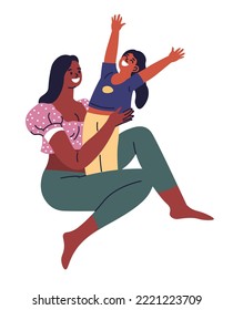 Mom and daughter spending time together, bonding and smiling, laughing and playing. Mother and kid girl, cuddling and hugging. Mommy and small child, pre teenage character. Vector in flat style