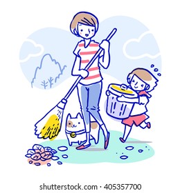 Mom and daughter sweeping dry leaves on the lawn