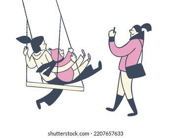 Mom and daughter are swinging on a swing. A walk in the park.  Vector illustration in cartoon style.