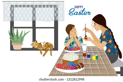 Mom and daughter at the table paints Easter eggs. Vector horizontal illustration isolated on a white background with text