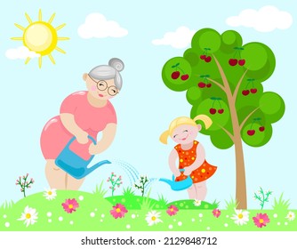 Mom and daughter take care of the garden and flowers against the blue sky and the sun