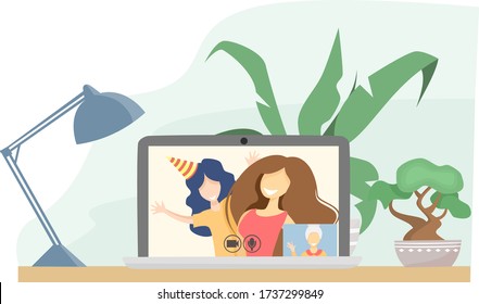 Mom and daughter talk with grandmother on a video call. Virtual communication with older relatives during an epidemic. Flat vector illustration.