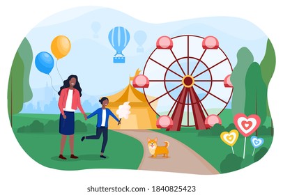 Mom and daughter and their dog having fun in an amusement Park. The girl is holding cotton candy in her hands. Flat cartoon vector illustration with fictional characters.