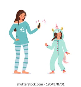 Mom And Daughter Time. An Adult And A Child In Cute Blue Night Clothes Dance To The Music. A Girl Dressed As A Unicorn Or Kugurumi. Family Holiday Or Pyjama Party. Vector Flat Cartoon Illustration