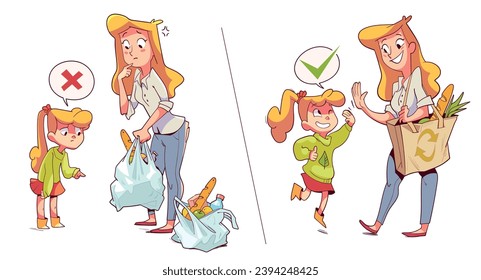 Mom and daughter use an eco bag or a plastic bag for shopping. Right choice to support conservation. Cartoon style. Colorful cartoon character. Funny vector illustration. Isolated on white background