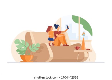 Mom and daughter using smartphone for video chat at home. Woman and little girl sitting on couch and taking selfie with phone. Vector illustration for family, having fun together concept