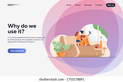 Mom and daughter using smartphone for video chat at home. Woman and little girl sitting on couch and taking selfie with phone. Vector illustration for family, having fun together concept