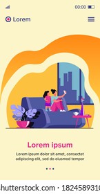 Mom and daughter using smartphone for video chat at home. Woman and little girl sitting on couch and taking selfie with phone. Vector illustration for family, having fun together concept