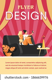 Mom and daughter using smartphone for video chat at home. Woman and little girl sitting on couch and taking selfie with phone. Vector illustration for family, having fun together concept